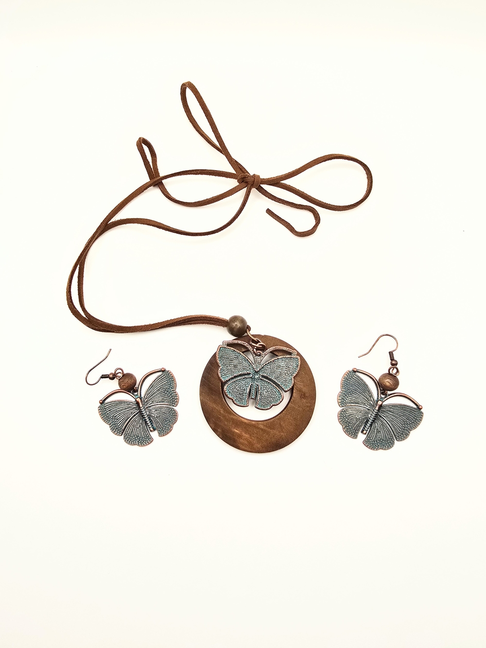 Butterfly Pendant Necklace and Earring Set - Copper and Gunmetal
